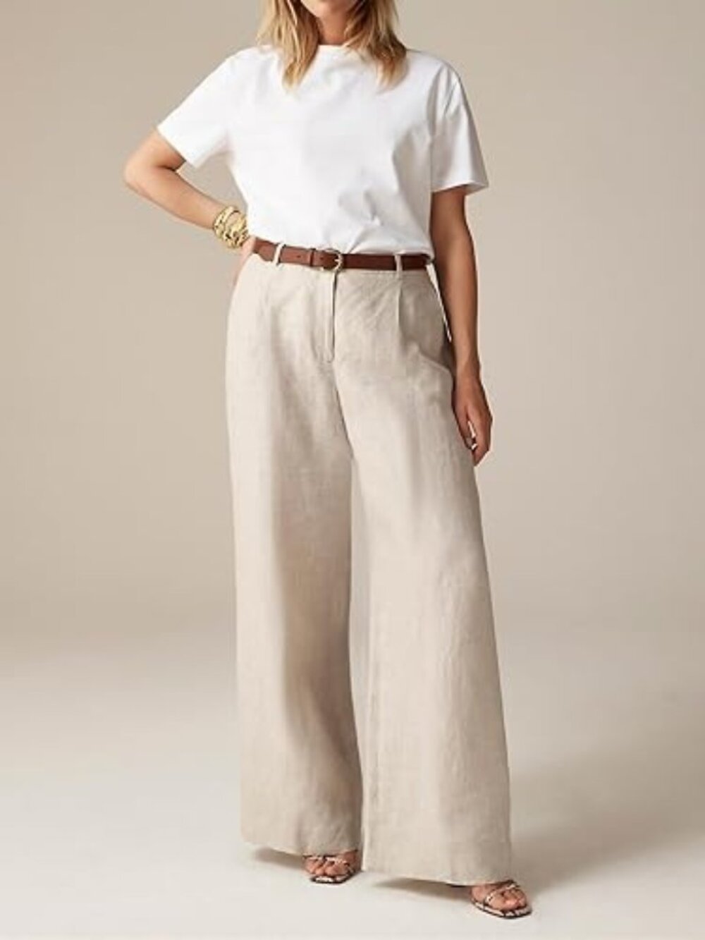 Sunnow Women's High Waisted Wide Leg Tan Khaki Linen Blend Trousers Pants Size-L